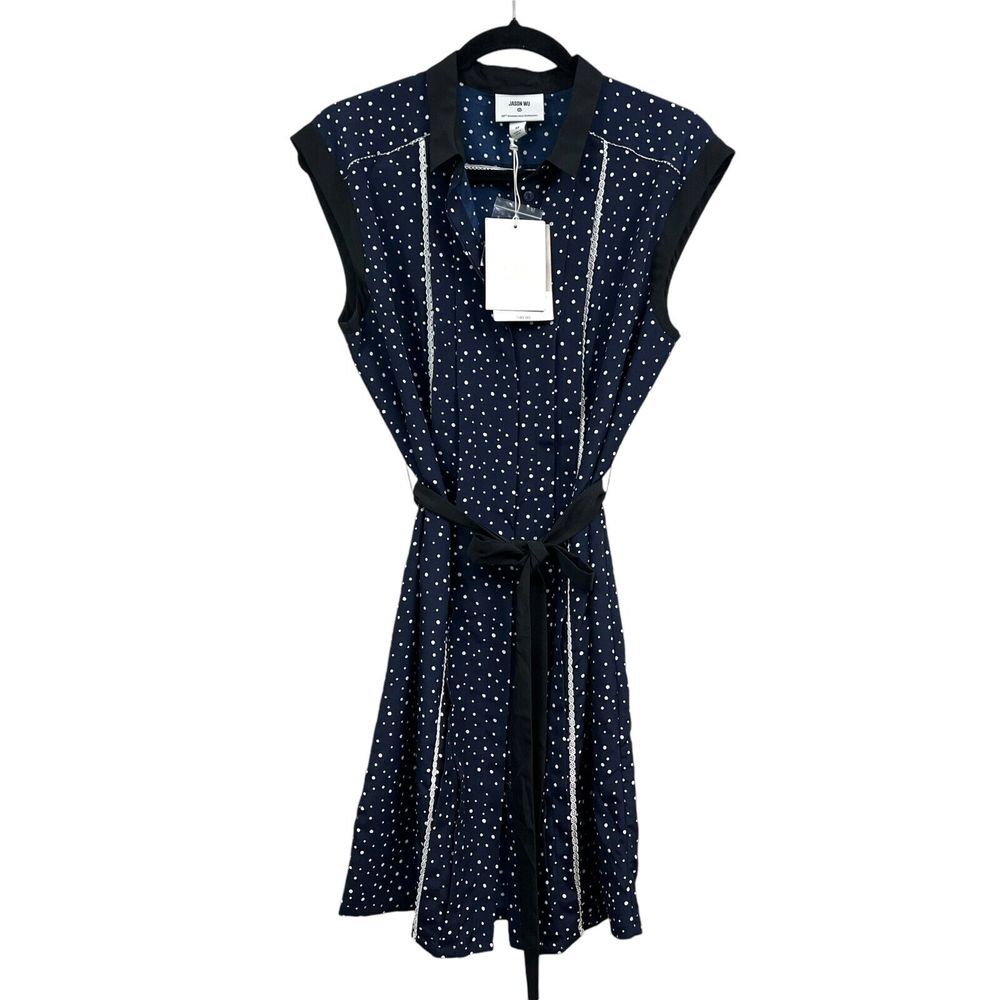 Jason Wu Womens Dress Polka Dot Collared Pleated Button Sleeveless Blue Sz M*